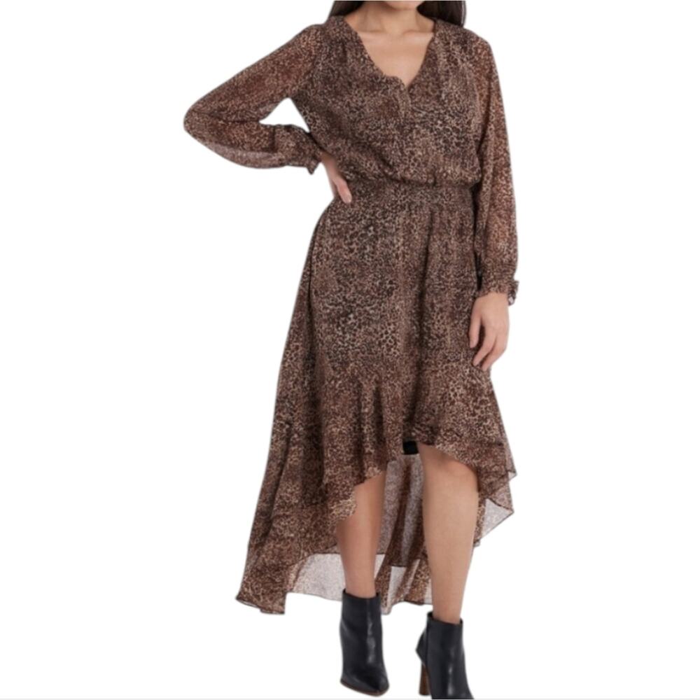 1. State Long Sleeve Button Front High Low Dress Leopard‎ Print Womens Size